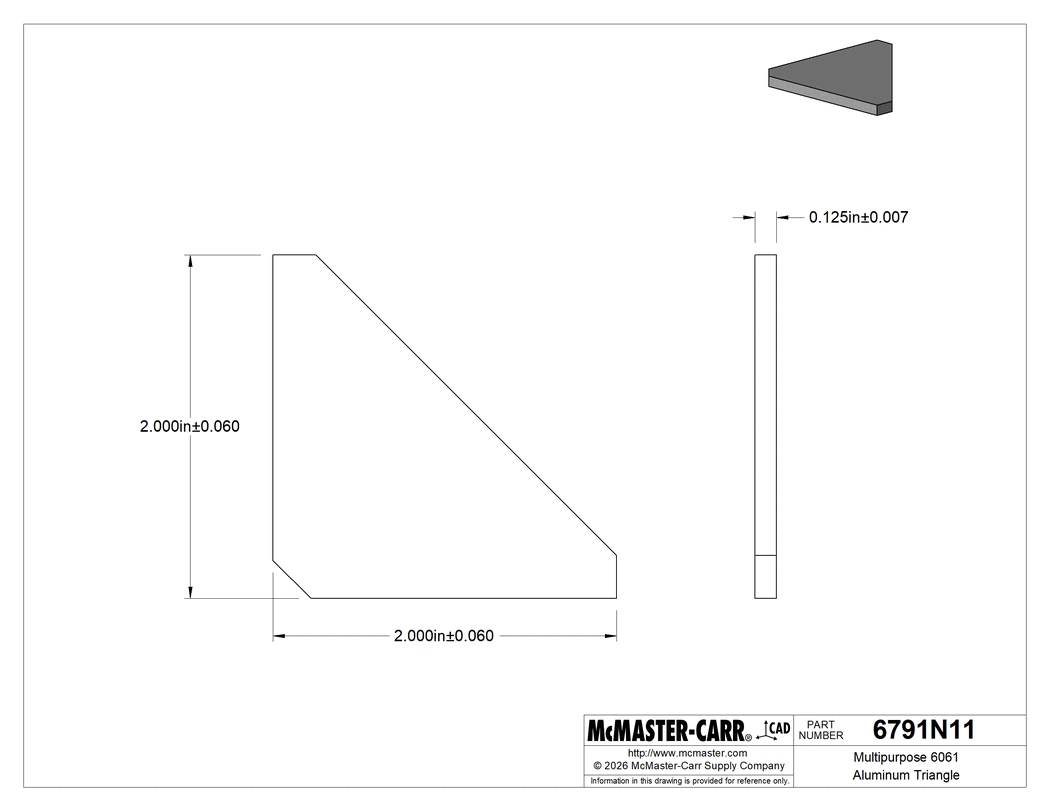 Technical Drawing of Multipurpose 6061 Aluminum Triangle, 2" Wide x 2" Long x 1/8" Thick.